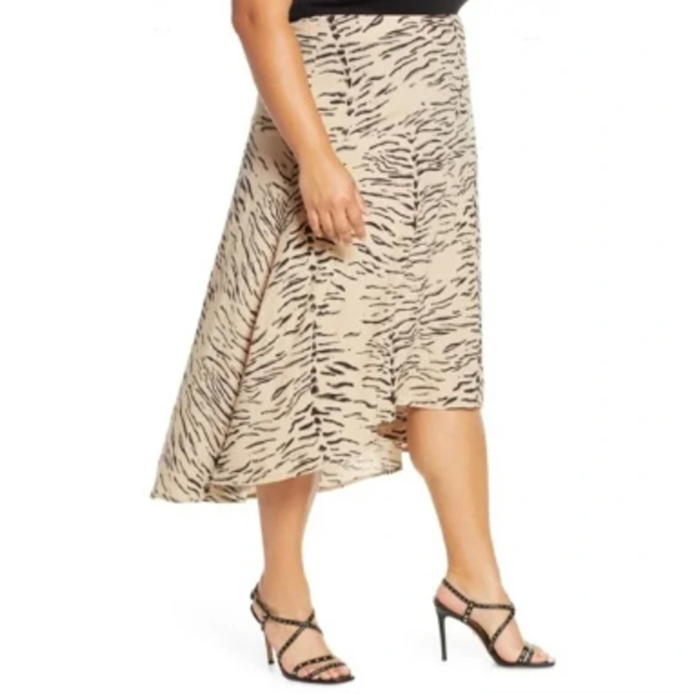 NWT Leith Zebra High Low Midi Skirt Women's Size 3X Plus Brown 100% Rayon Taupe